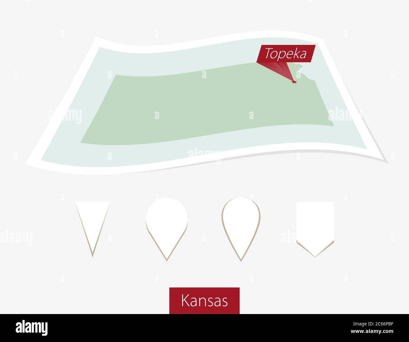 Curved paper map of Kansas state with capital Topeka on Gray Background ...