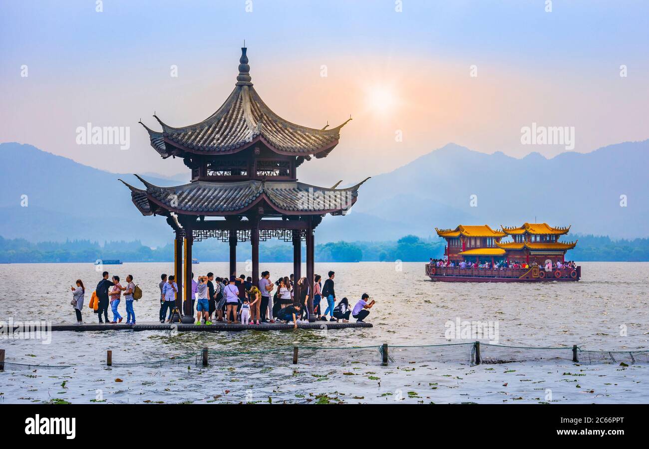 China, Hangzhou City, West Lake at sunset Stock Photo