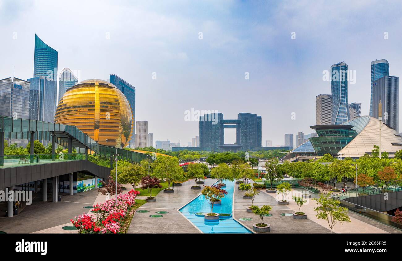 China, Hangzhou City, Jianggan District, Qianjiang New City Panorama Stock Photo