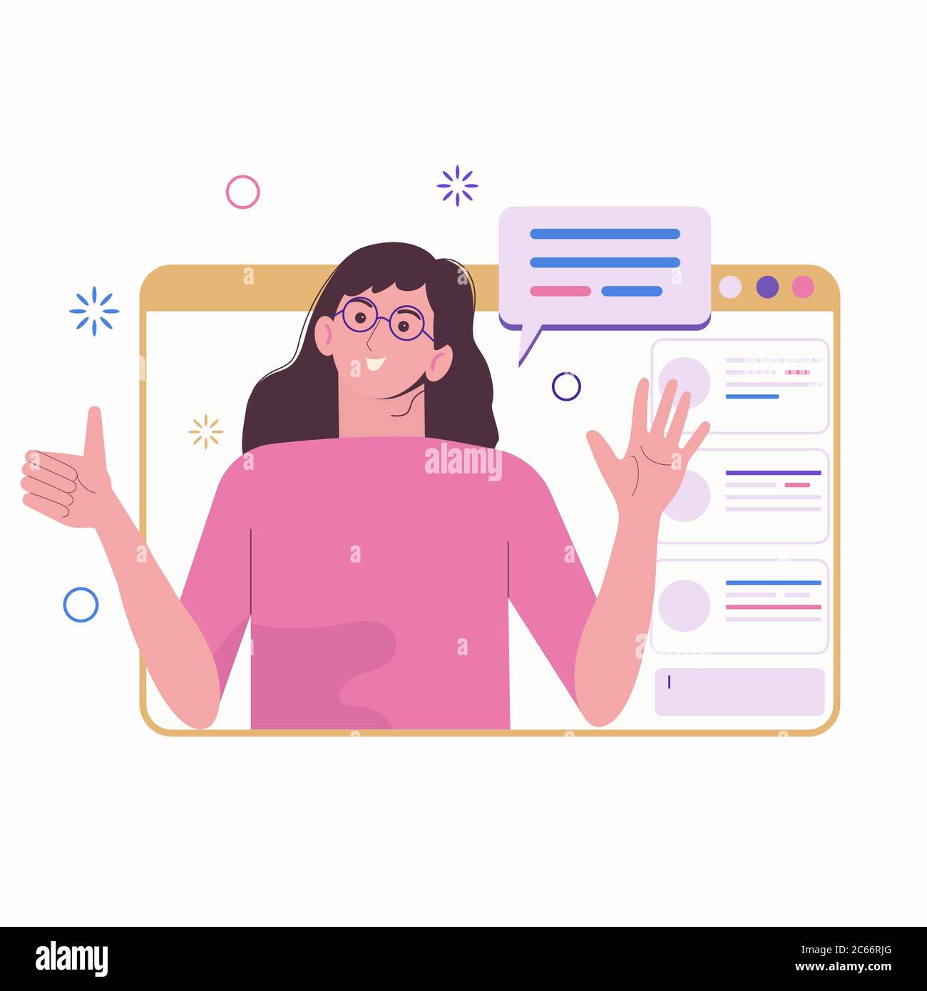 Video player window with speaking girl and bubble speeches messages on  desktop. Vector flat cartoon illustration for web sites and banners design  Stock Vector Image & Art - Alamy