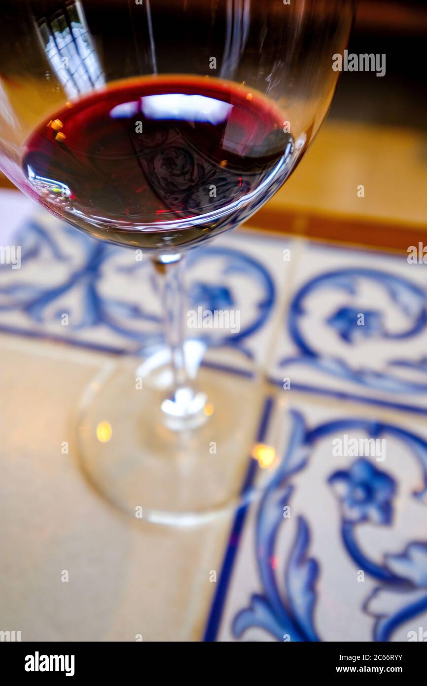 Ribera del duero denomination wine glass on spanish style mosaic table