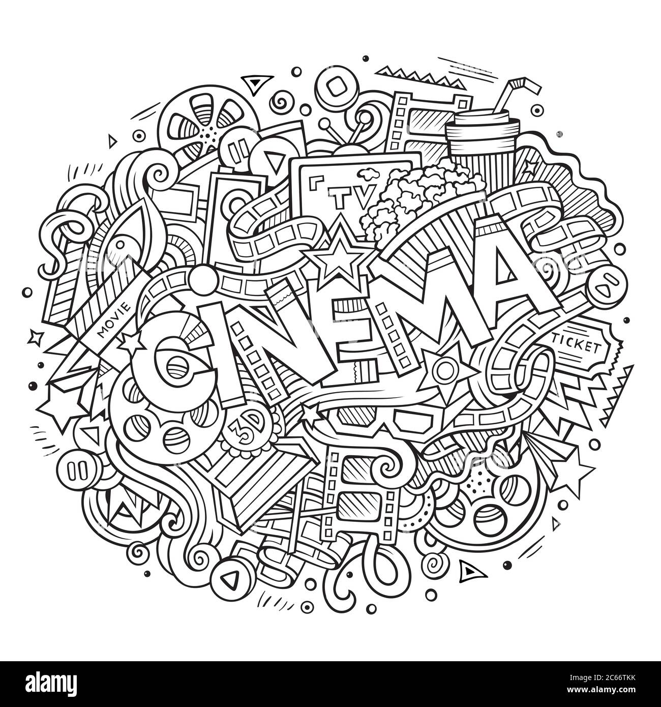 Cartoon cute doodles hand drawn Cinema inscription Stock Vector Image