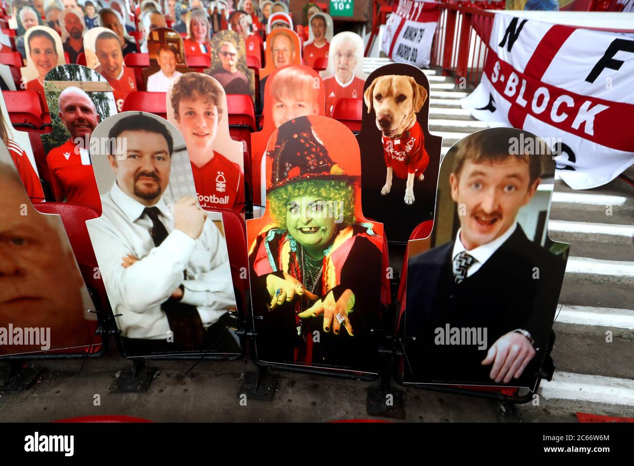 A general view of cardboard cutouts of fans in the stands including  Grotbags the witch and The Office characters David Brent and Chris Finch  before the Sky Bet Championship match at the