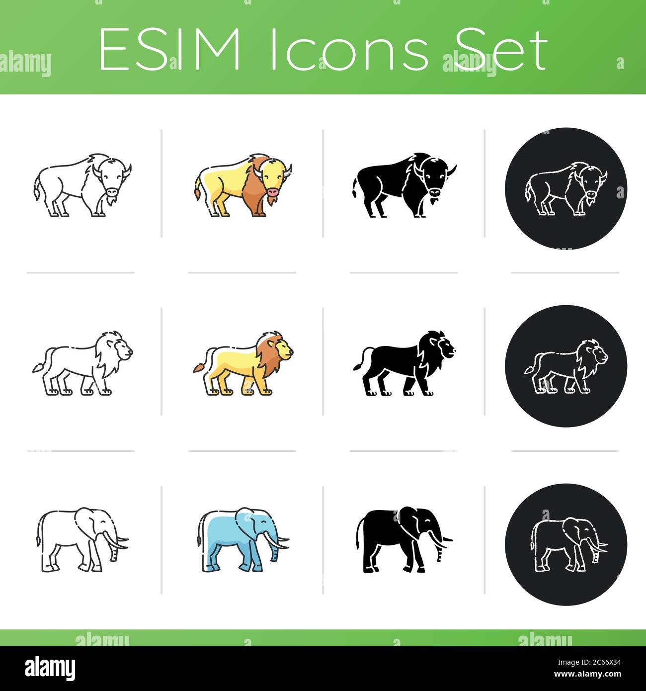 Domestic and wild animals icons set. Linear, black and RGB color styles.  American bison, african elephant and lion. African and north american  wildlif Stock Vector Image & Art - Alamy