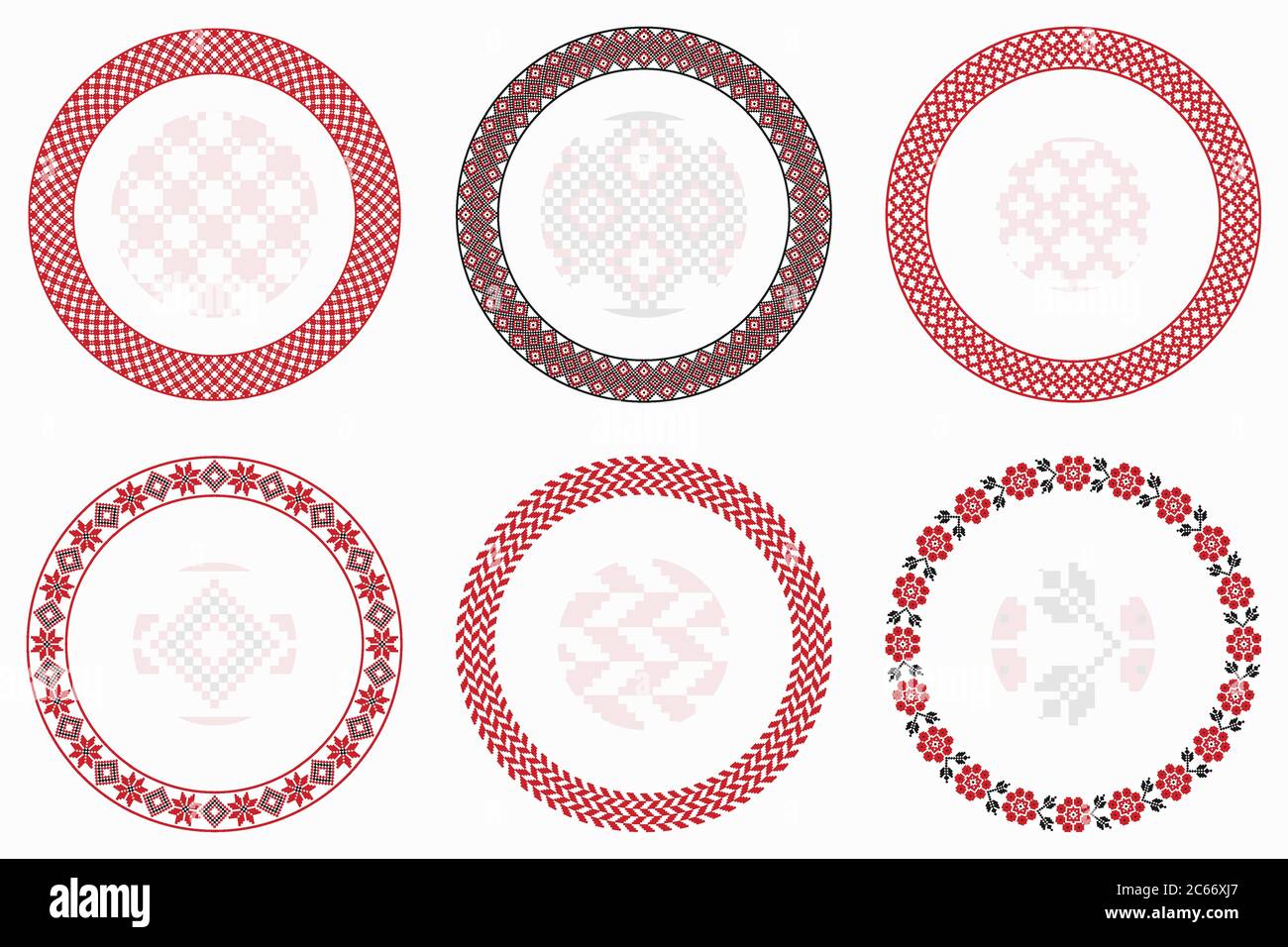 Slavic geometric round patterns set. Borders, frames. Vector illustration of round Slavic embroidery ornament elements with seamless pattern brushes Stock Vector
