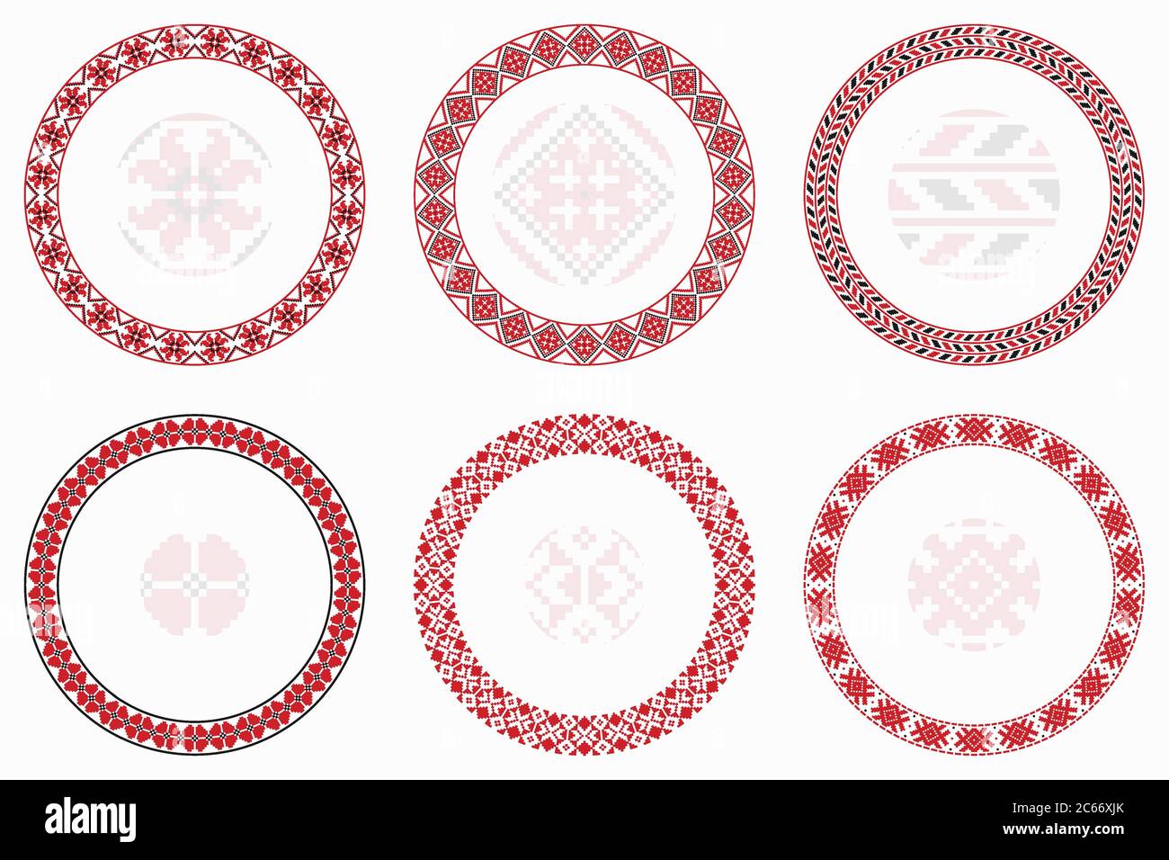 Slavic geometric round patterns set. Borders, frames. Vector illustration of round Slavic embroidery ornament elements with seamless pattern brushes Stock Vector
