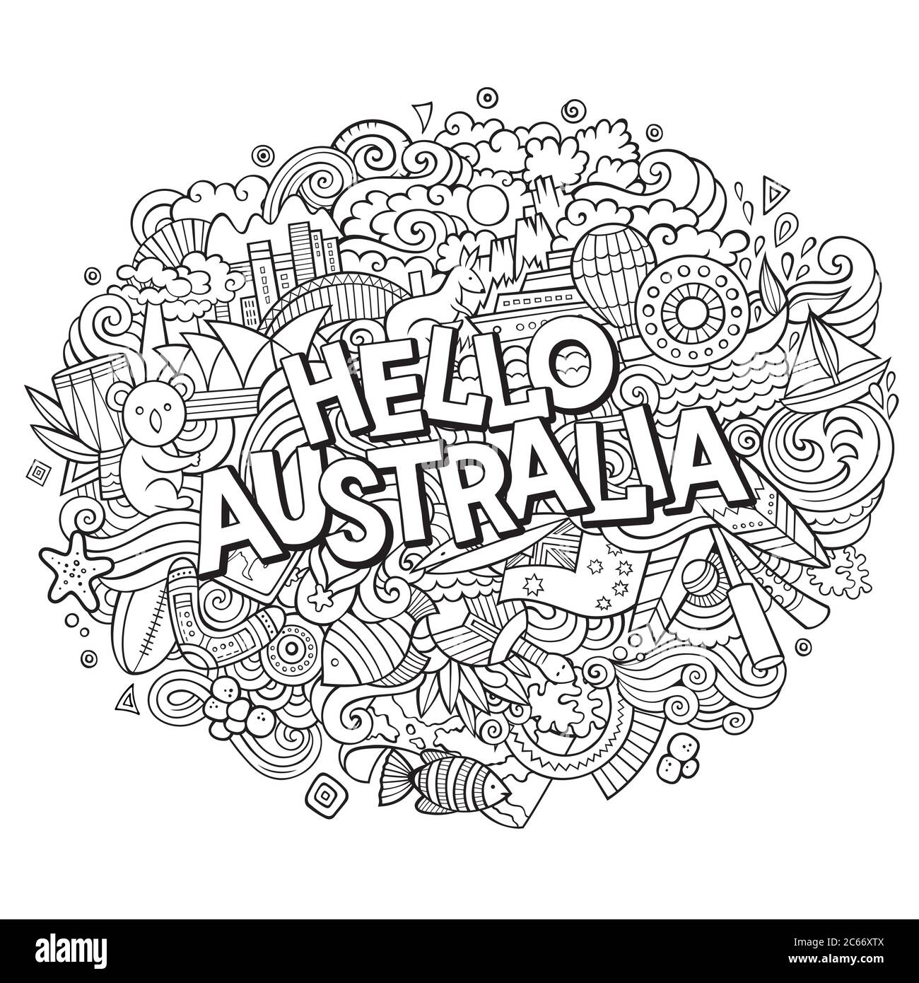 Cartoon cute doodles hand drawn Hello Australia inscription Stock Vector