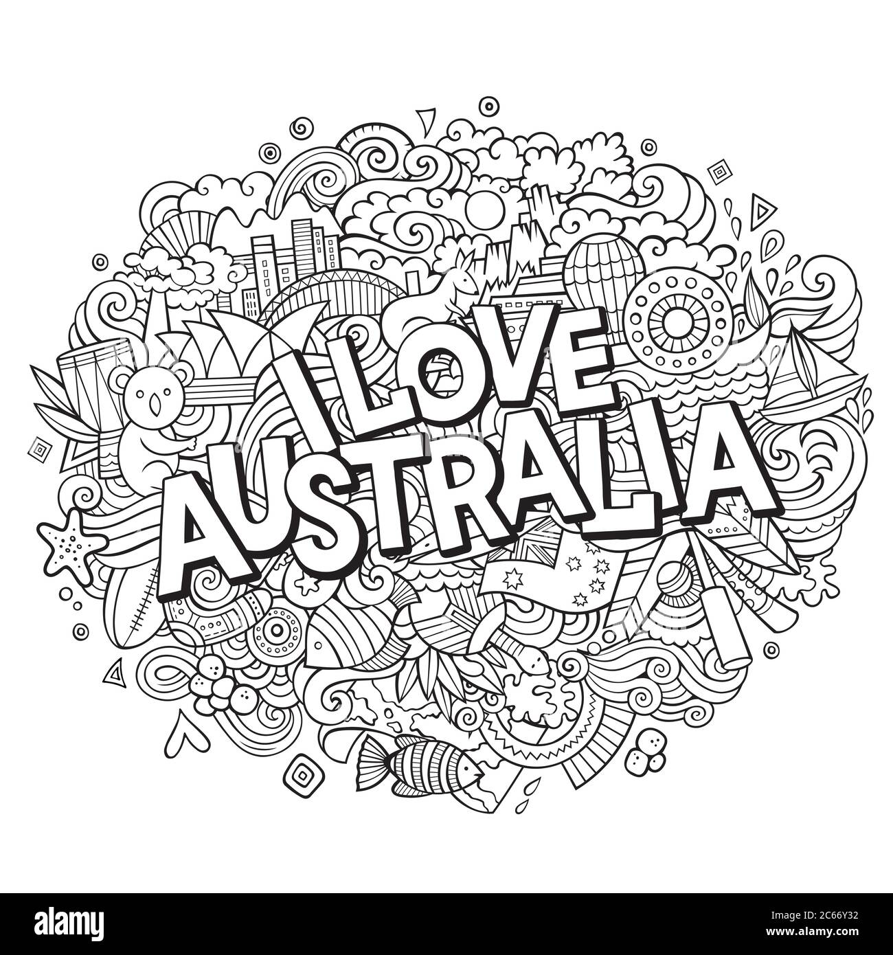 Cartoon cute doodles hand drawn I Love Australia inscription Stock Vector