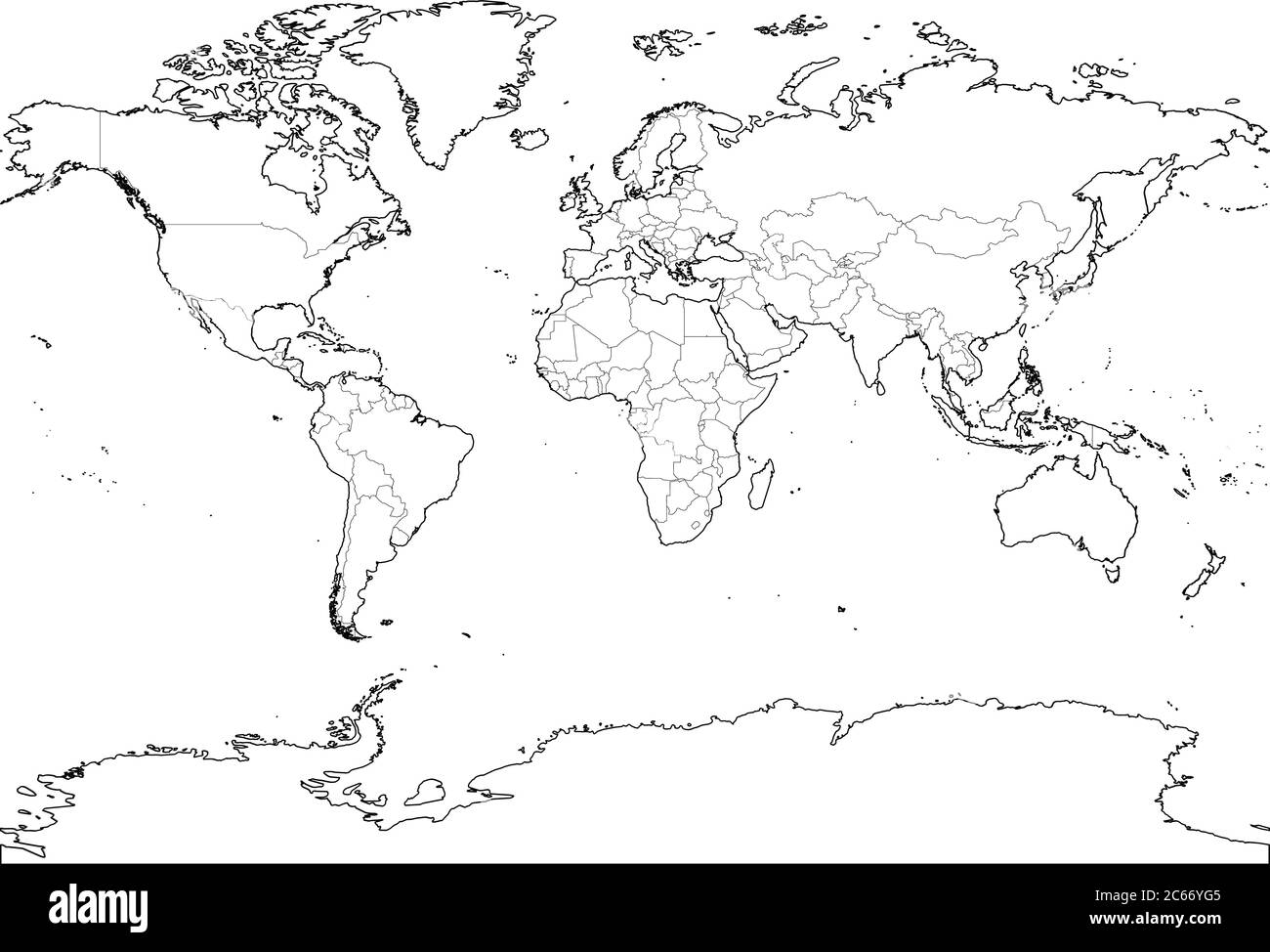 World map outline. Thin country borders and thick land contour on white ...