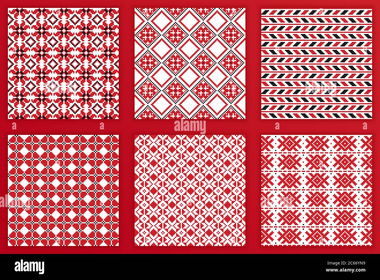 Slavic geometric seamless patterns set. Vector illustration of tileable Slavic embroidery backgrounds for your design projects Stock Vector