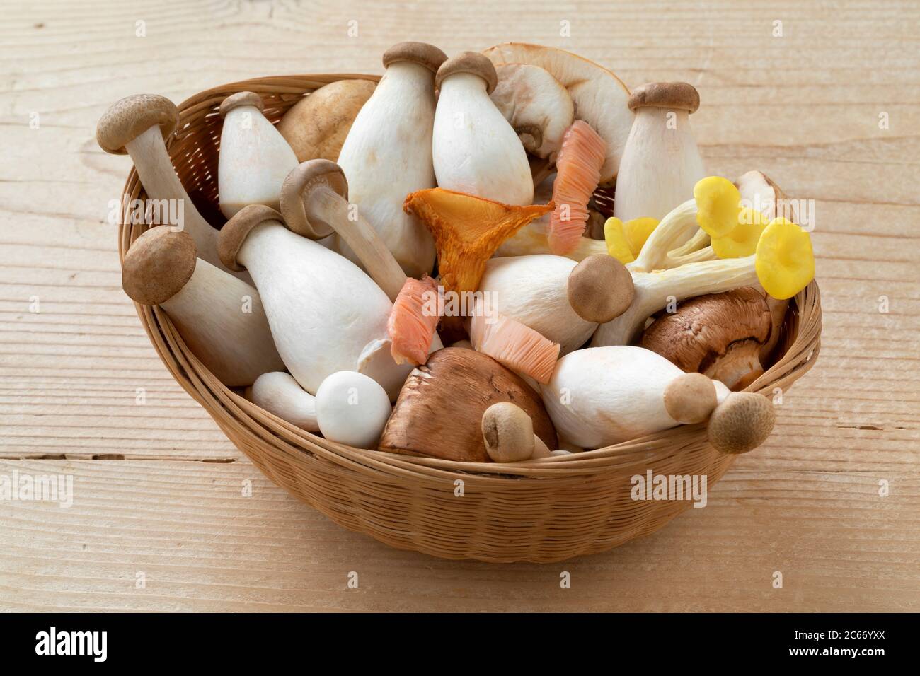 Basket with a variation mix of fresh raw mushrooms Stock Photo
