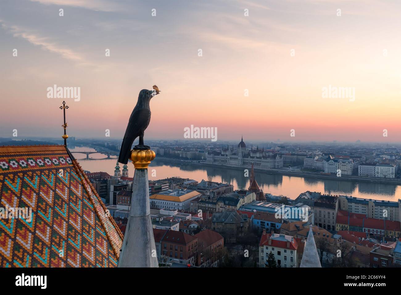 Europe Hungary Budapest Raven with ring. Budapest cityscape. Morning.  Spring Stock Photo - Alamy
