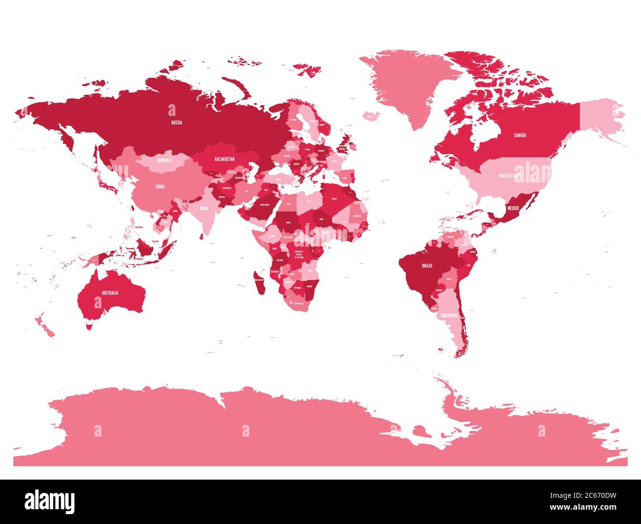 Horizontally flipped political map of World. Mirror reflection. Vector 