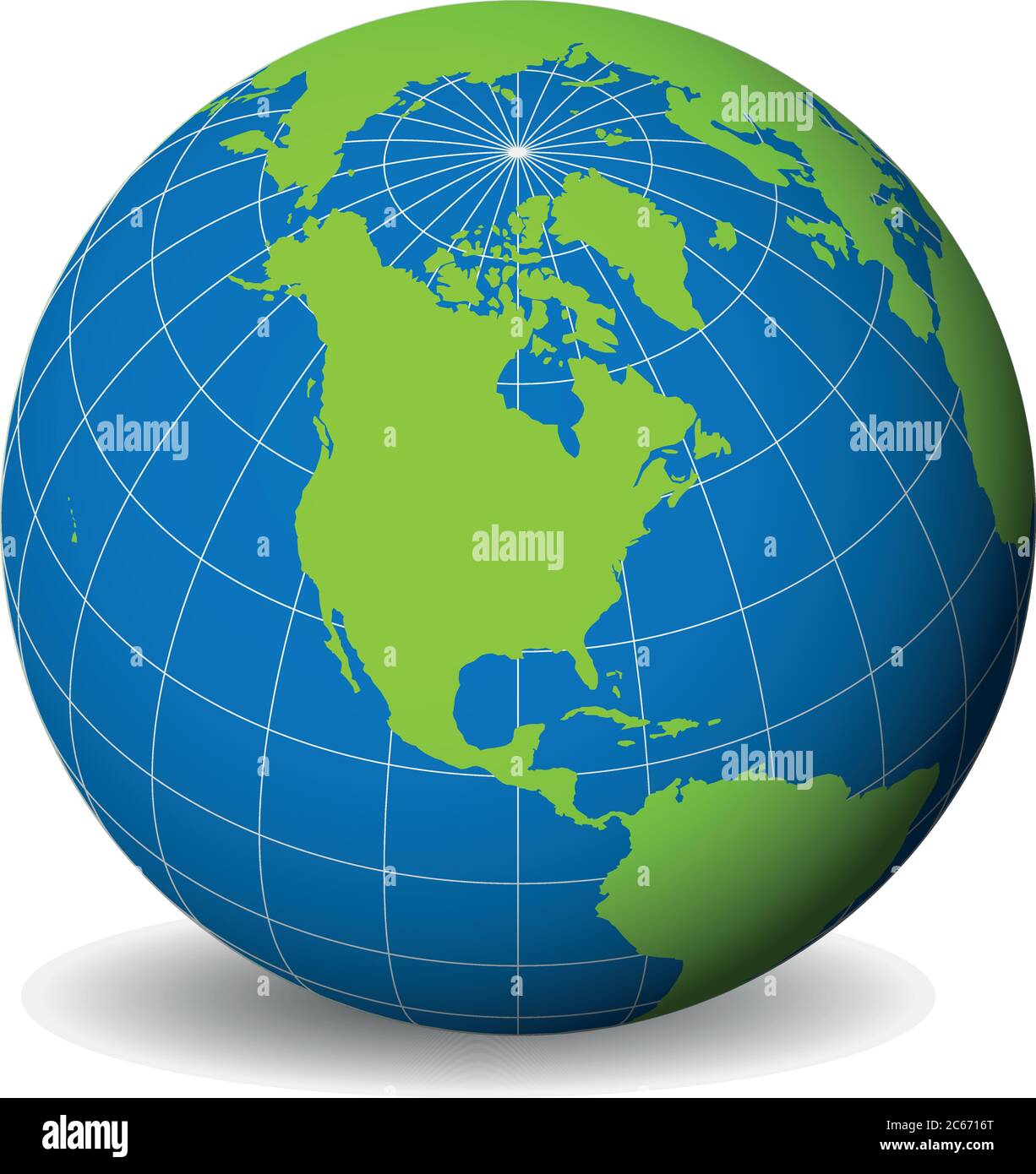 Earth globe with green world map and blue seas and oceans focused on North America. With thin