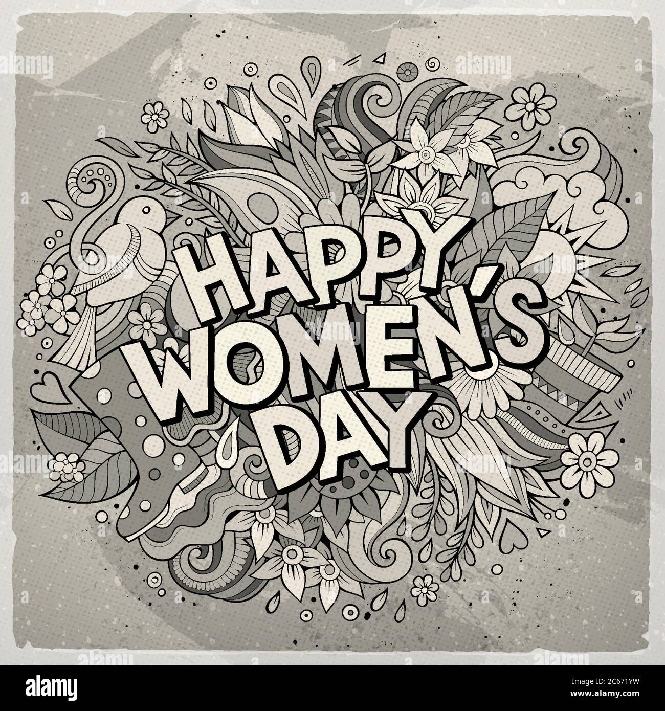 Cartoon cute doodles hand drawn Happy Womens Day inscription Stock ...