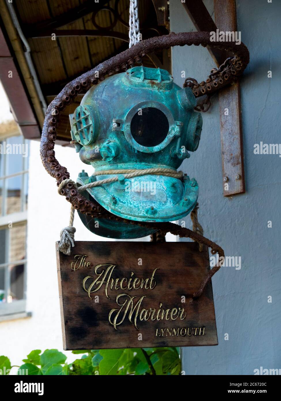 The Ancient Mariner pub sign, Lynmouth, Exmoor, Devon, UK Stock Photo