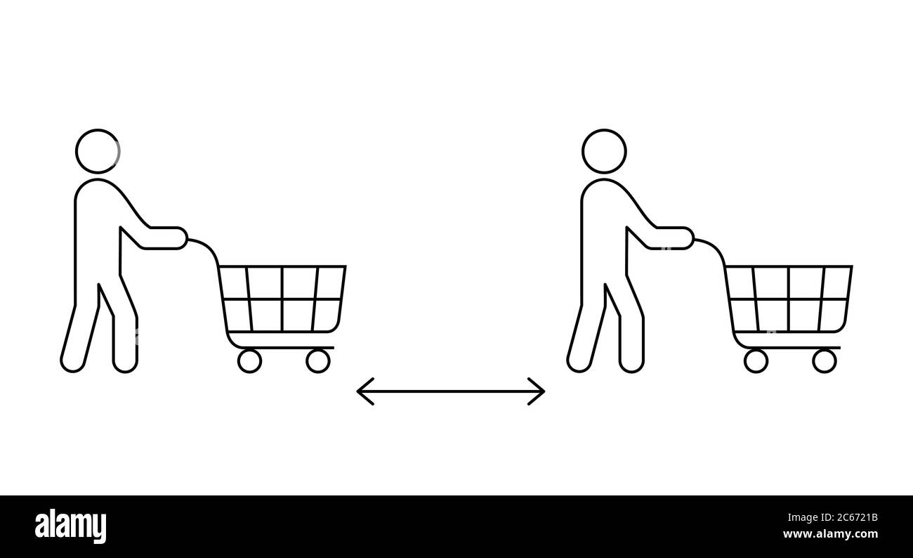 Keep a safe distance in a supermarket sign. Two people push the shopping cart line icon. Customers at grocery store. Prevent Covid-19. Black outline Stock Vector