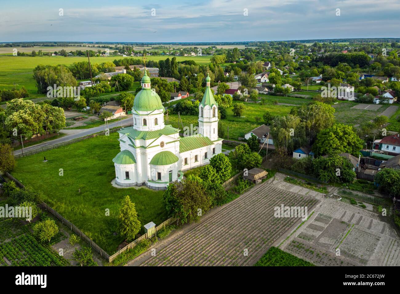 Greek Orthodox Church, religious, building XVIII century. Three Saints Church in Lemeshi, Chernigiv region, Ukraine aerial view Stock Photo