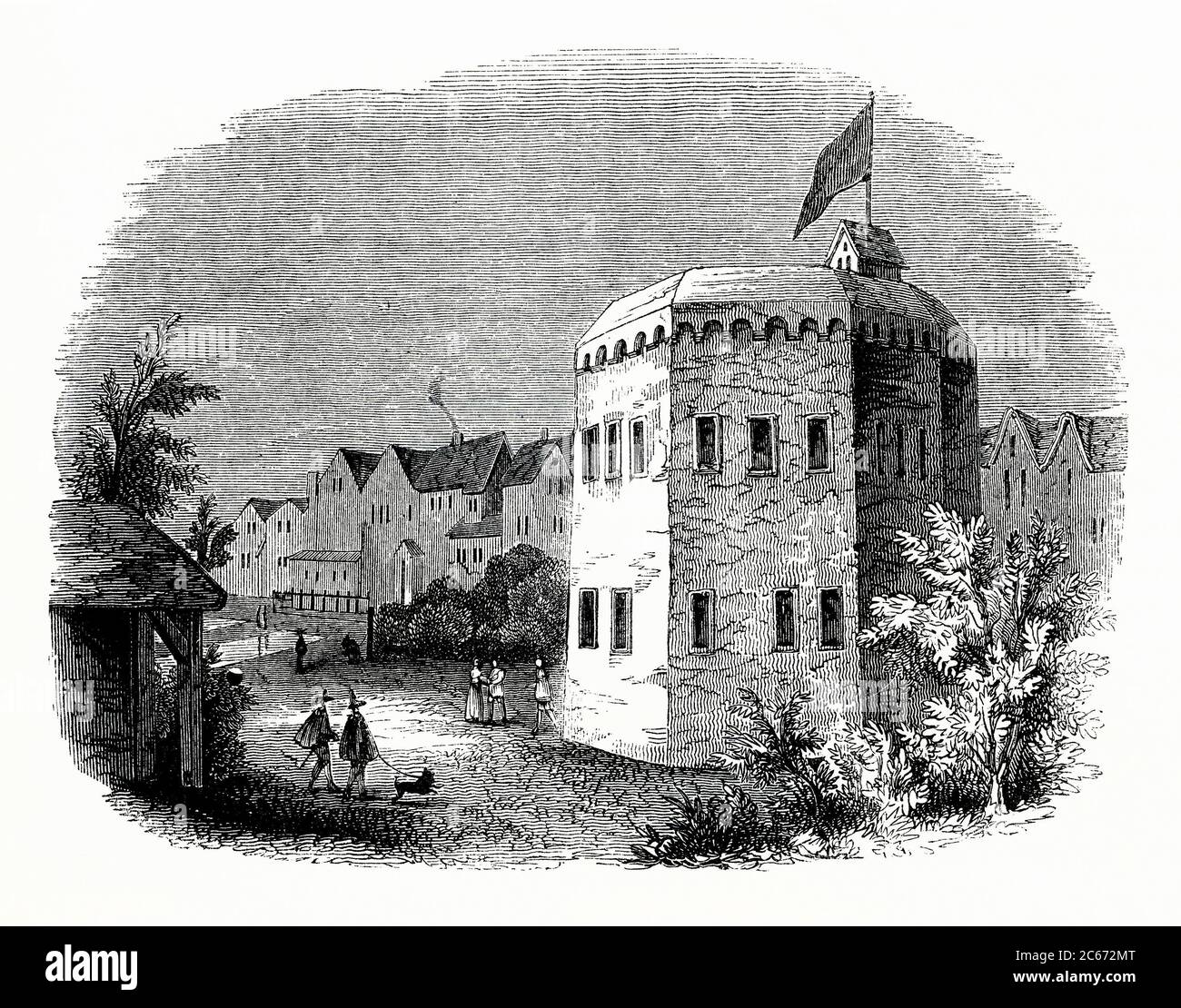 An old engraving of Paris Garden, Southwark, London, England, UK c 1600. The theatre is the Beargarden (or Bear Pit). It was used for bear-baiting, bull-baiting, and other 'entertainment' involving animals from the Elizabethan era to the English Restoration period. The Beargarden was a round or polygonal open structure, comparable to the theatres built in and around London from the mid-1500s. It was located in Bankside, across from the City of London on the south bank of the River Thames in Southwark. Stock Photo