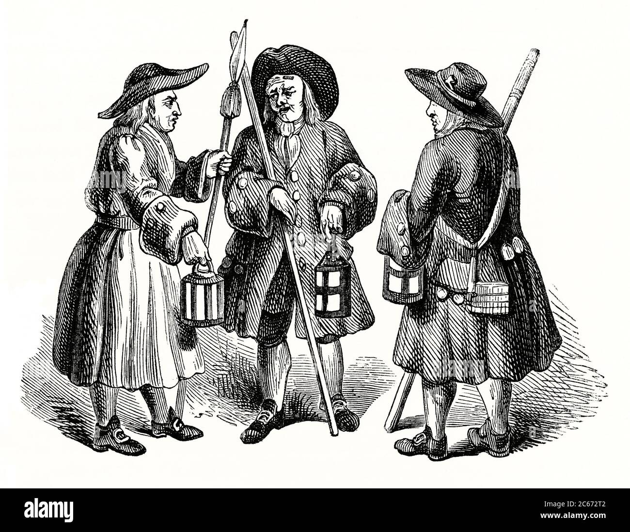 An old engraving of Watchmen with their lamps and staffs. Watchmen were organised groups of men, usually authorised by a state, government, city, or society, to deter criminal activity and assist in public safety, fire watch and crime prevention. This civic duty has existed since earliest recorded times in various forms throughout the world and were eventually replaced by formal professional police forces. In Britain night watchmen patrolled the streets from 9 or 10 pm until sunrise. These patrols continued in the late 17th century. Stock Photo