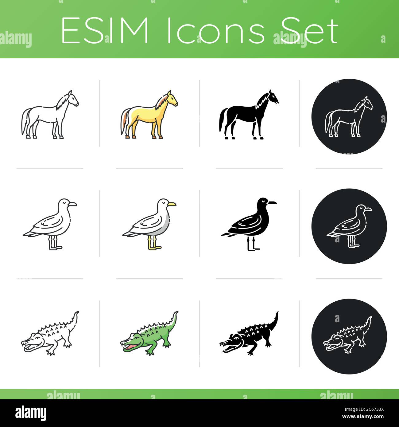 Different animal species icons set. Linear, black and RGB color styles. Wild horse, seagull and alligator. Common bird, land animal and semiaquatic cr Stock Vector Image & Art - Alamy Different animal species icons set. Linear, black and RGB color styles. Wild horse, seagull and alligator. Common bird, land animal and semiaquatic cr Stock Vector Image & Art - Alamy