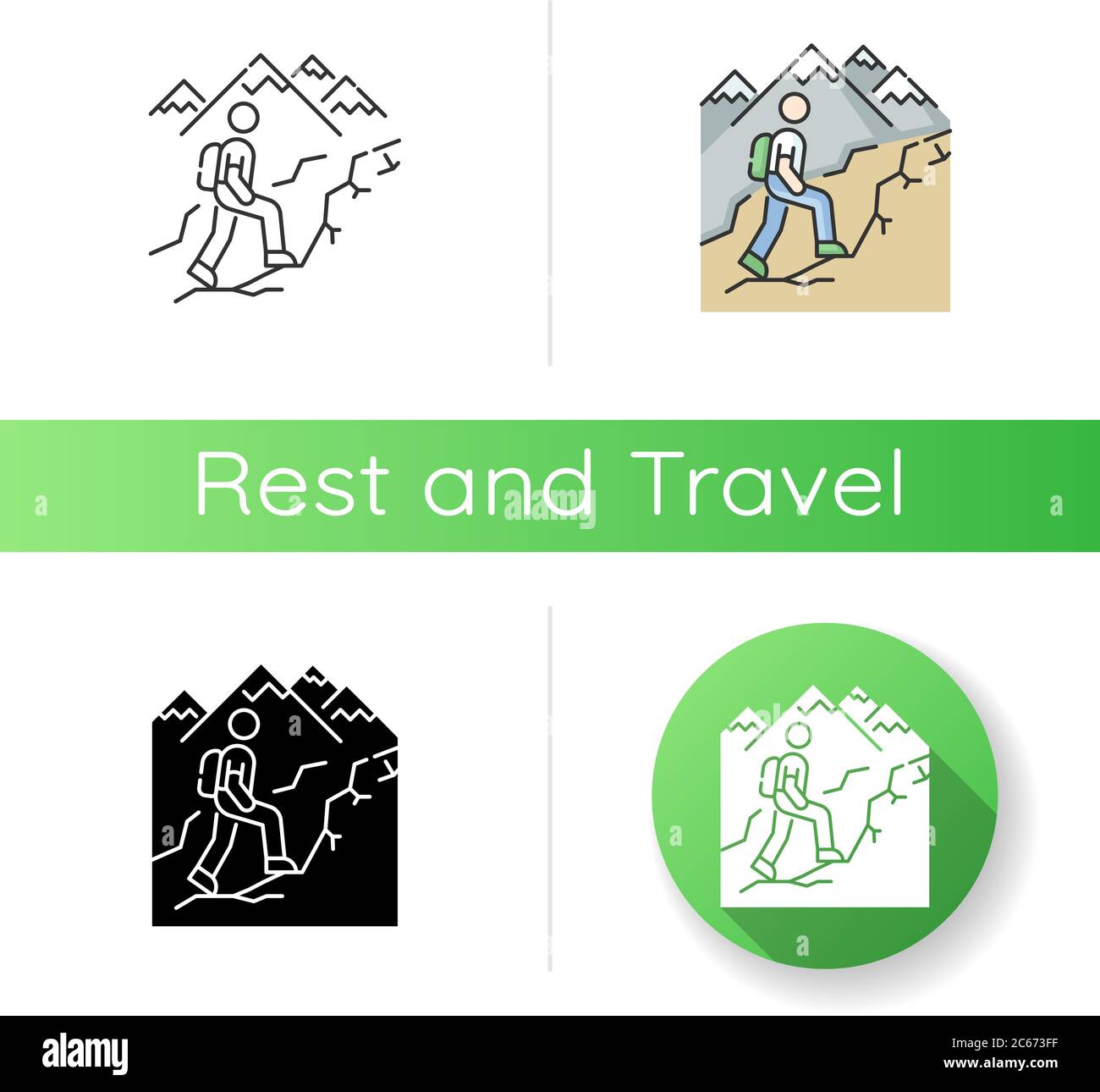 Trekking icon. Linear black and RGB color styles. Nature tourism ...