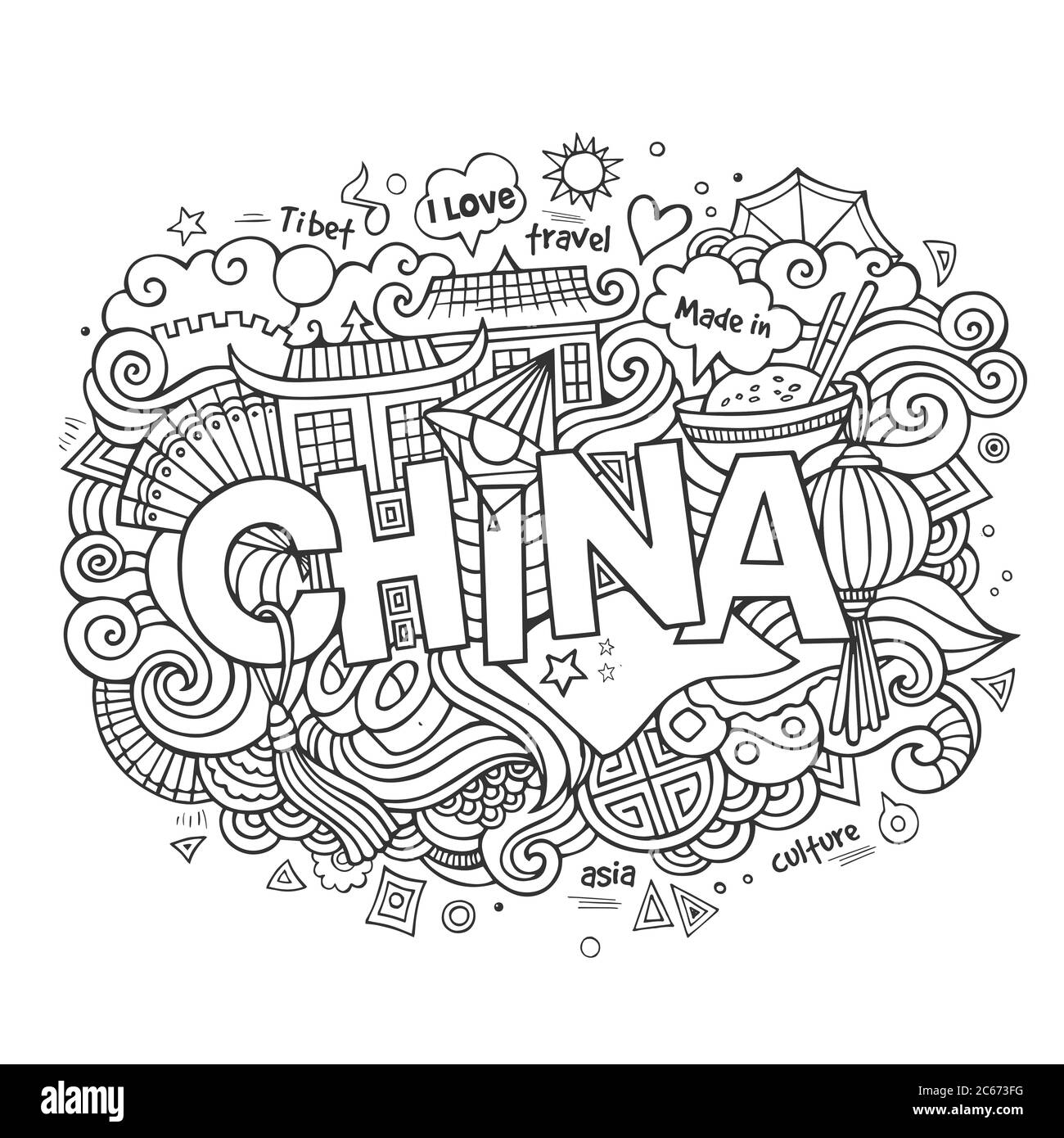 China hand lettering and doodles elements background Stock Vector