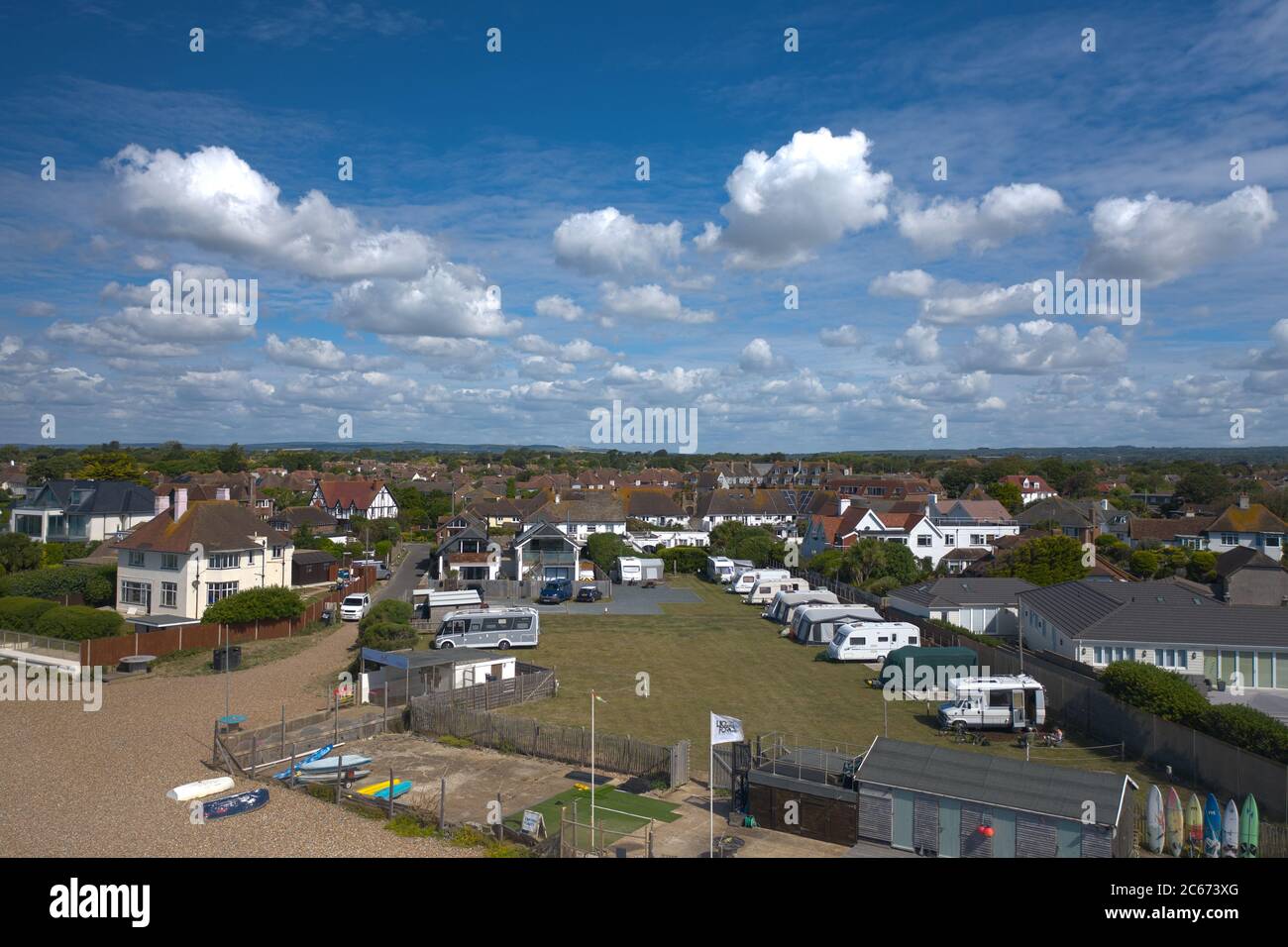 Beautiful aerial view of East Preston beach front on a warm and sunny