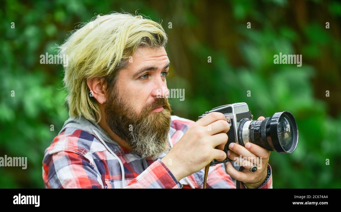 Enjoying summer. journalist is my career. reporter make photo. vintage ...