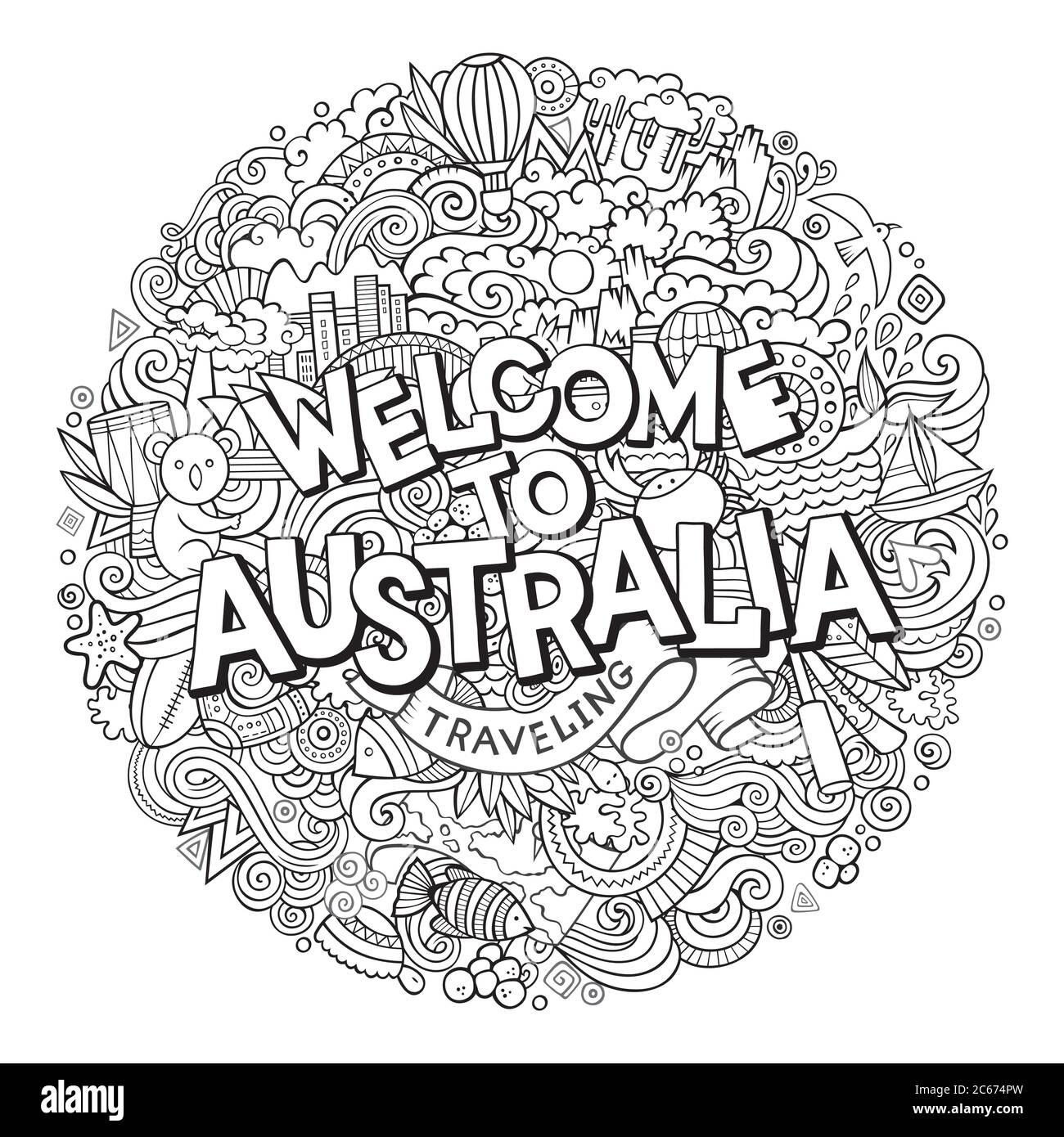 Cartoon cute doodles hand drawn Welcome to Australia inscription Stock Vector