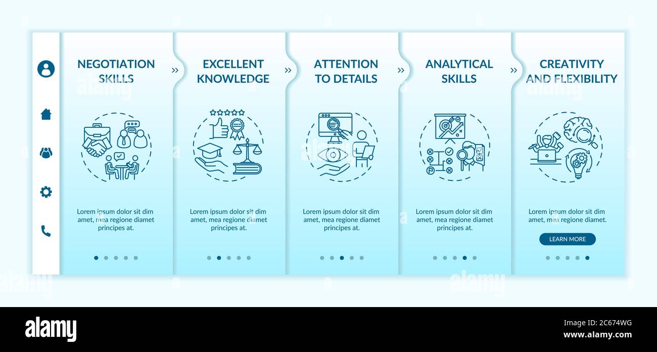 Attorney core competencies onboarding vector template. Corporate lawyer ...