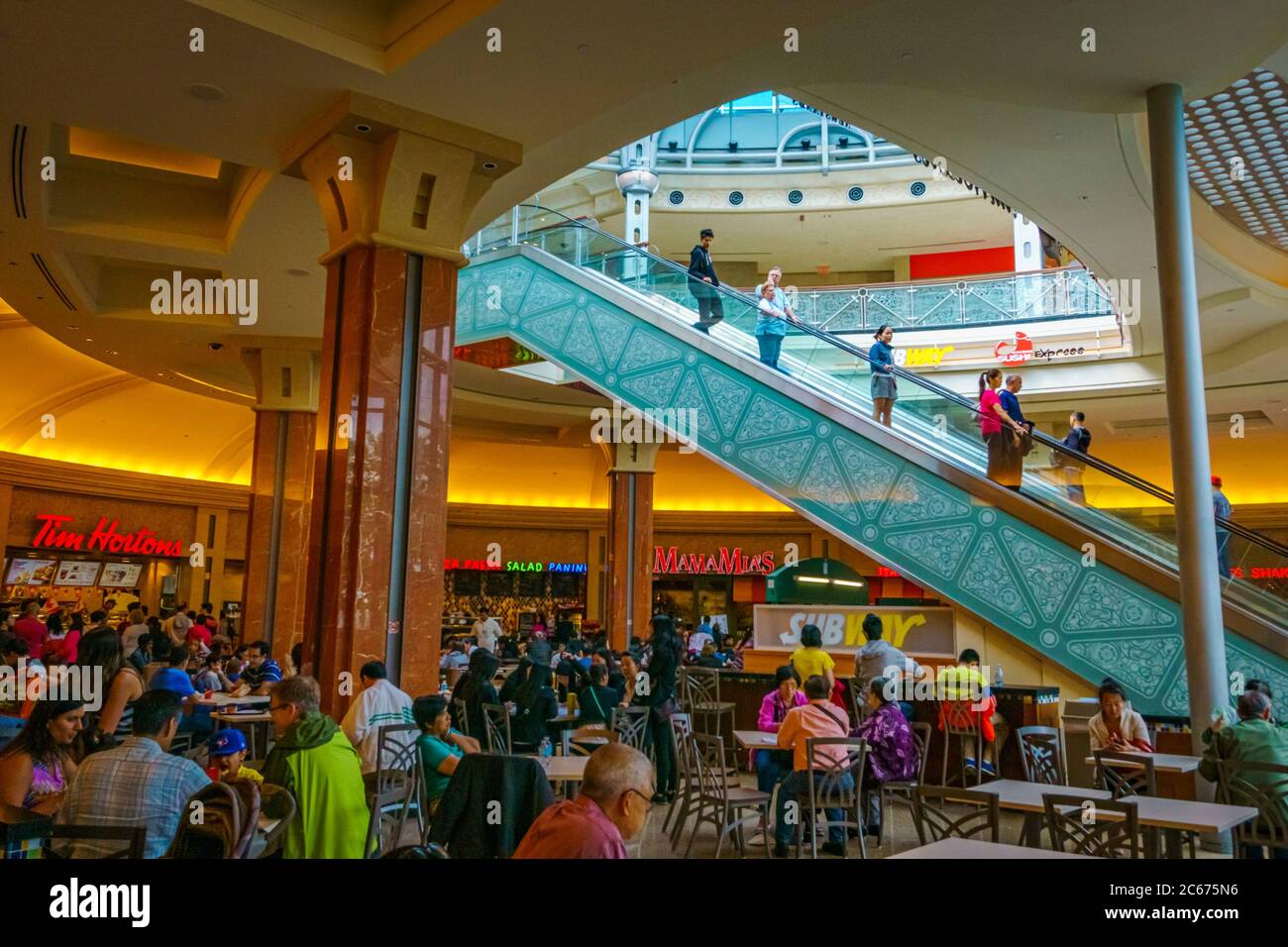 Niagara, Canada, July 2015 - Busy food court below the escalator during ...