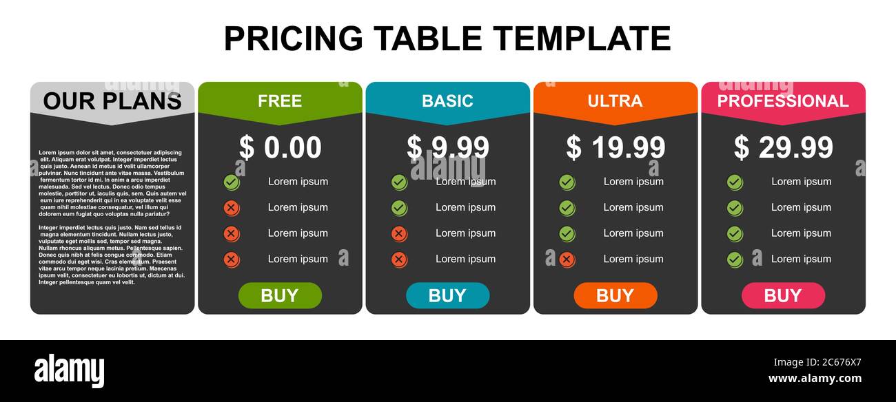 Pricing table, plan  list, or comparison template vector. Business presentation, infographic, website element, hosting plan . Stock Vector