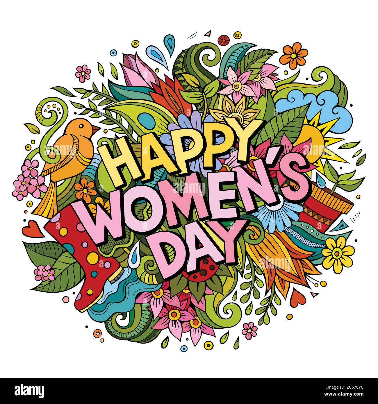 Cartoon cute doodles hand drawn Happy Womens Day inscription Stock ...
