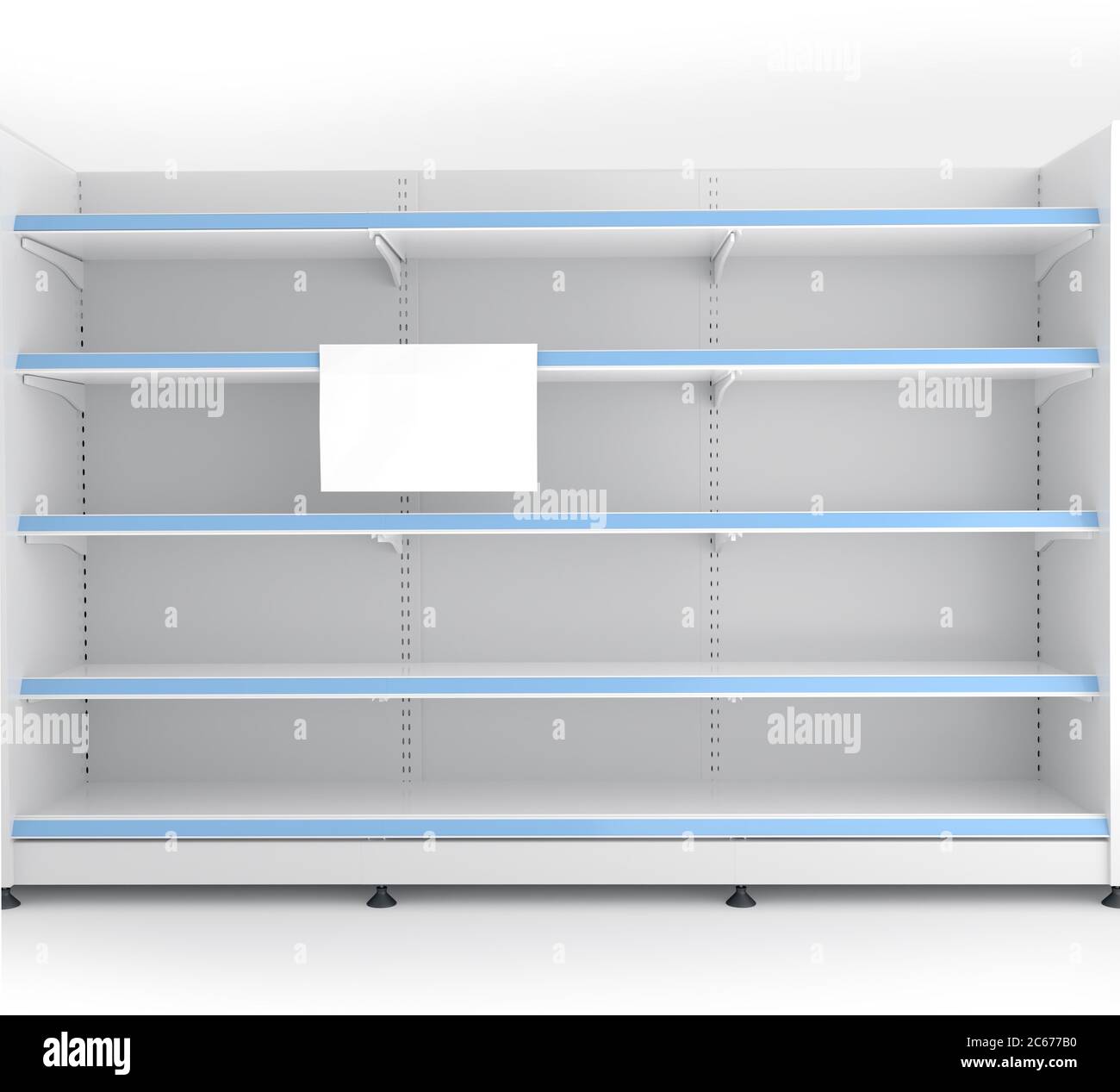 Empty store shelves, food racks. A sheet of paper attached to a shelf ...