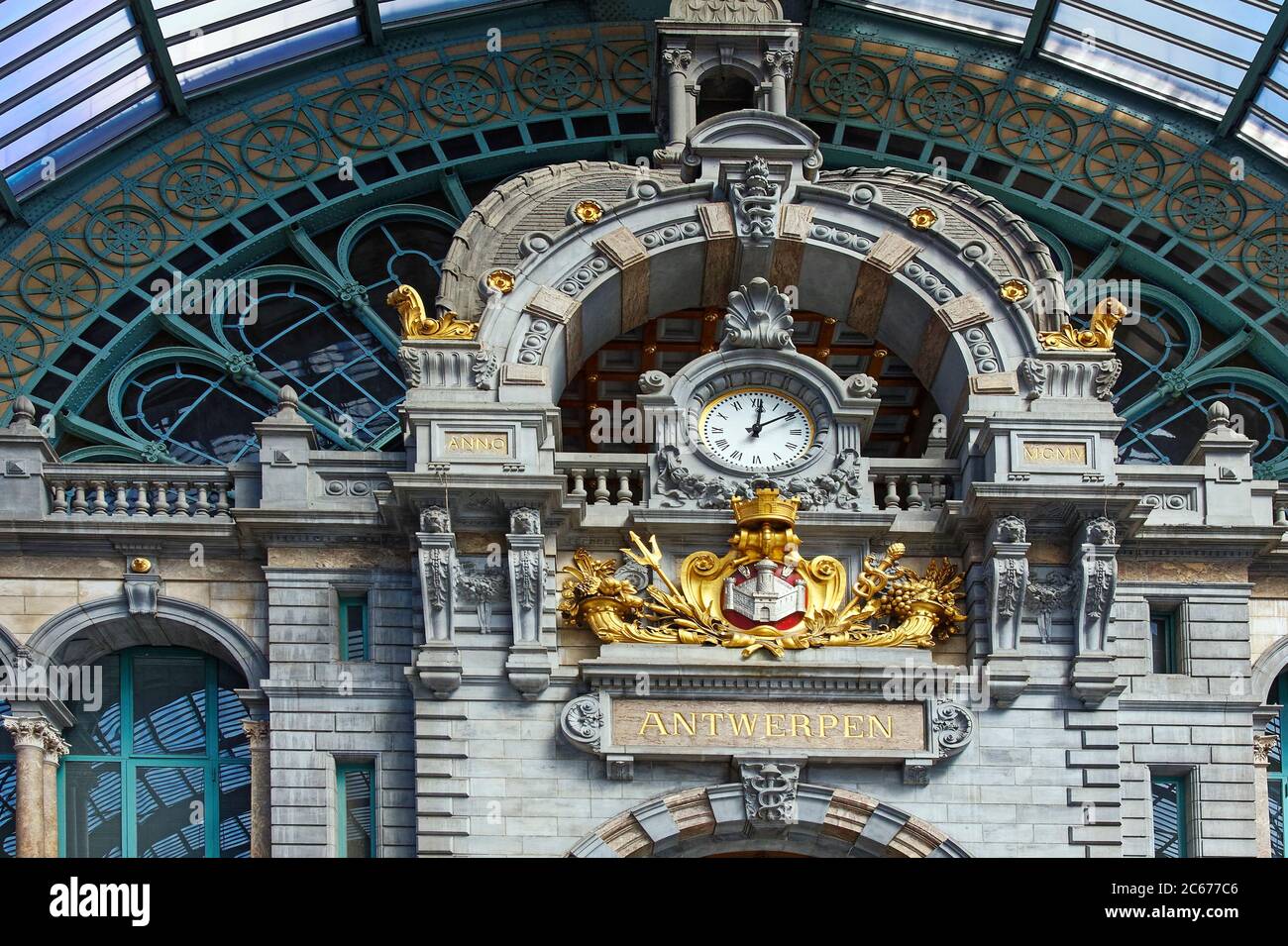 Central Train Station interior,1895-1905, lavish decorations, marble, stone, clock,dome ceiling,  transportation, Antwerpen, Flanders, Europe, Antwerp Stock Photo