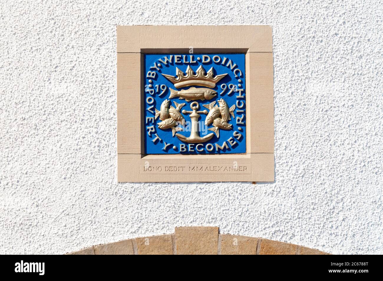 Coat of arms on a plaque outside the Scottish Fisheries Museum in Anstruther, East Neuk of Fife, Scotland. Stock Photo