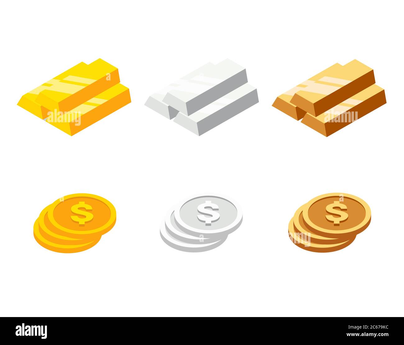 Set of bars and coins in isometric style. Gold, silver and bronze bars or ingot and coins. Vector illustration Stock Vector