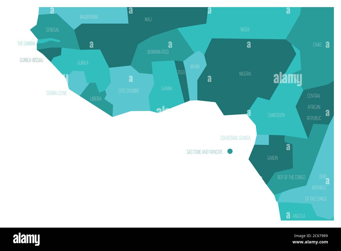 Countries of Guinea Gulf - Western Africa. Simplified and schematic political map. Vector illustration in shades of turquoise blue. Stock Vector