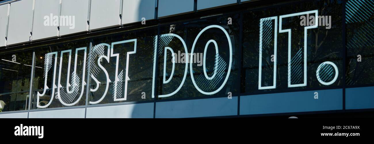 Berlin, Germany, May 6., 2020: Nike motto "just do it" on the window  display of a shop in the center of berlin Stock Photo - Alamy
