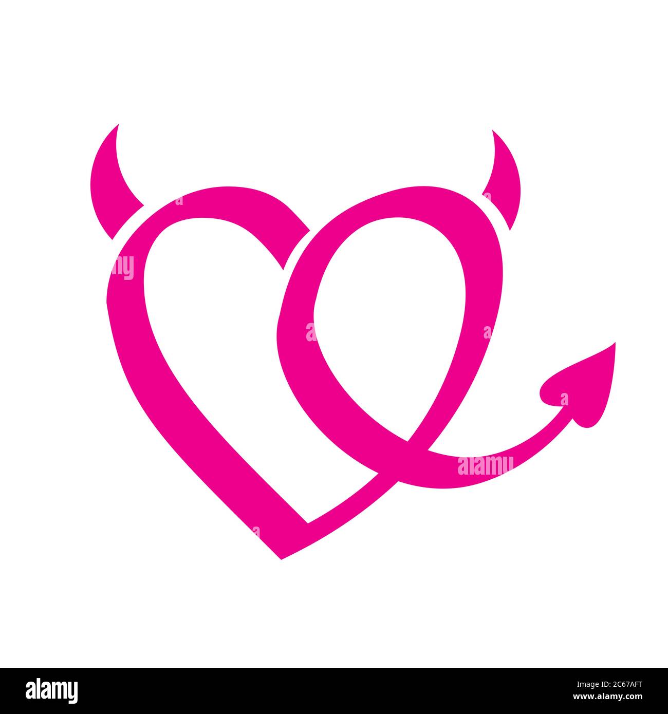 pink heart with two horns and a tail on white background Stock Vector