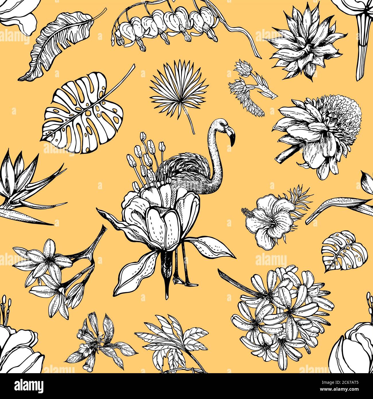 Seamless pattern of hand drawn sketch style tropical flowers, plants and flamingo isolated on yellow background. Vector illustration. Stock Vector