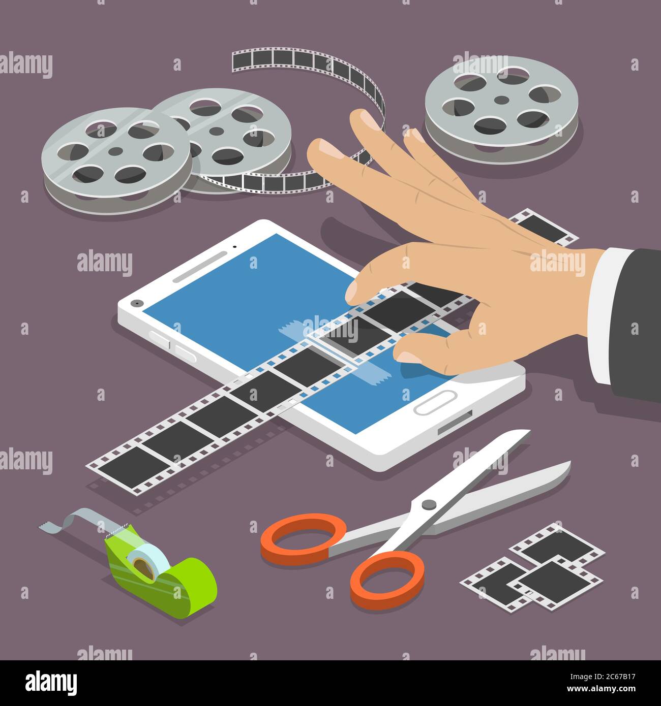 Mobile video editor flat vector isometric concept. Stock Vector