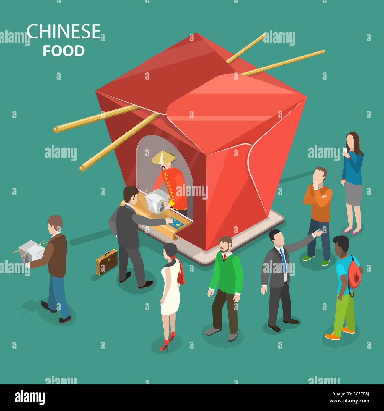 Chinese food flat isometric low poly vector concept. Stock Vector