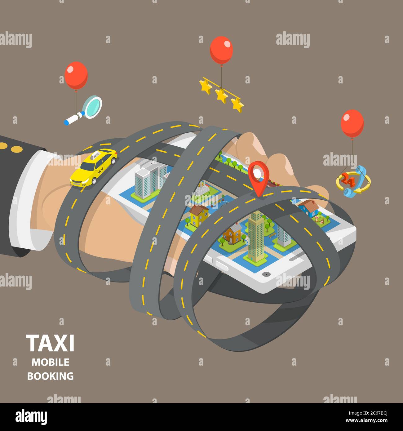 Mobile taxi booking flat isometric low poly vector concept. Stock Vector