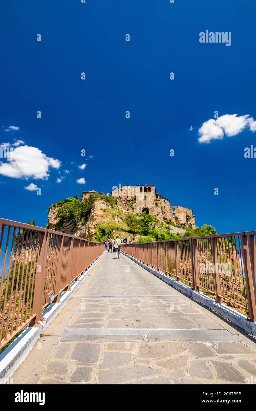 June 28, 2020 - Civita di Bagnoregio, Viterbo - View of the medieval town, located on the top of a spur of tuff rock, in the middle of the valley of t Stock Photo