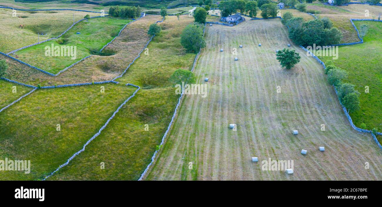 Spring landscape of mowing meadows and pasiega cabins near Puerto del Portillo de Lunada. Pasiegos Valleys. Merindades region. Burgos province. Commun Stock Photo
