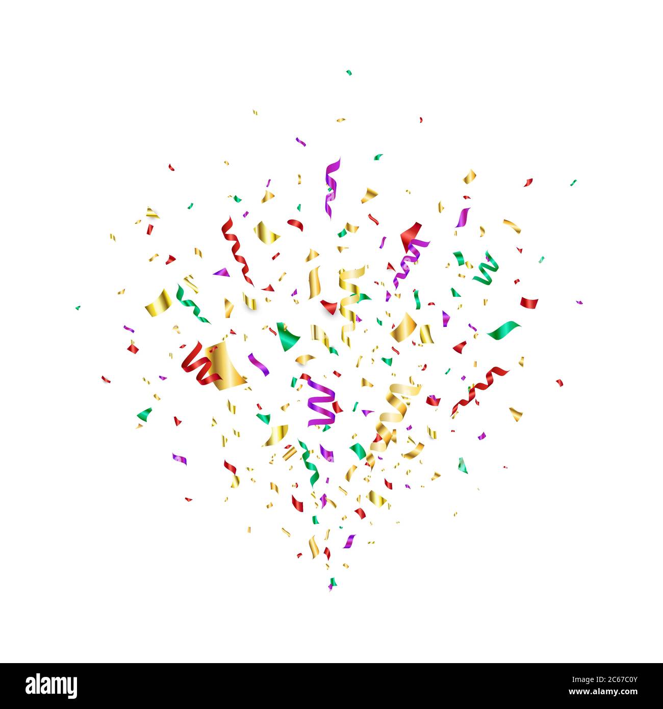 Colorful confetti flying on white background. Party color confetti, serpentine. Confetti explosion. Bright festive tinsel. Holiday design elements. Ve Stock Vector