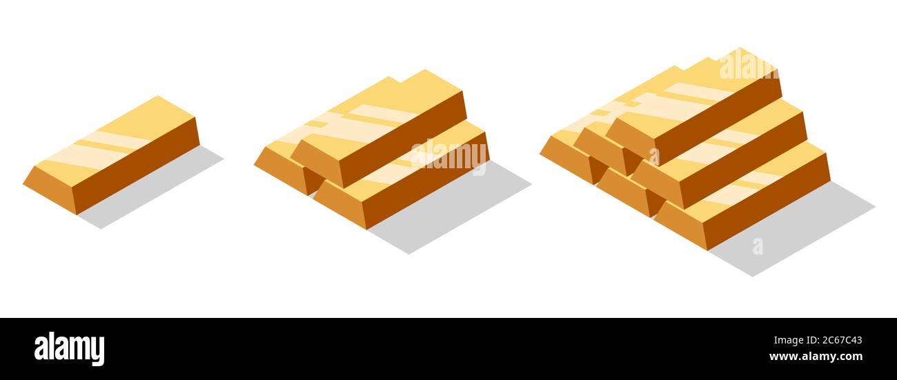 Isometric bronze bars set. Bronze bricks or ingot isolated on white