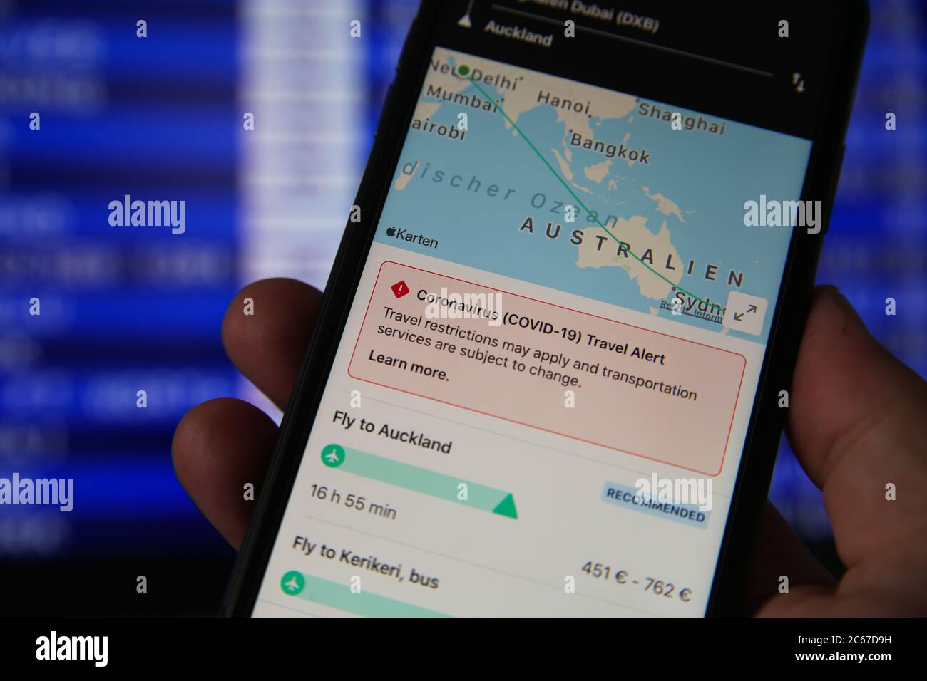 Viersen, Germany July 6. 2020 Closeup of mobile phone with flight